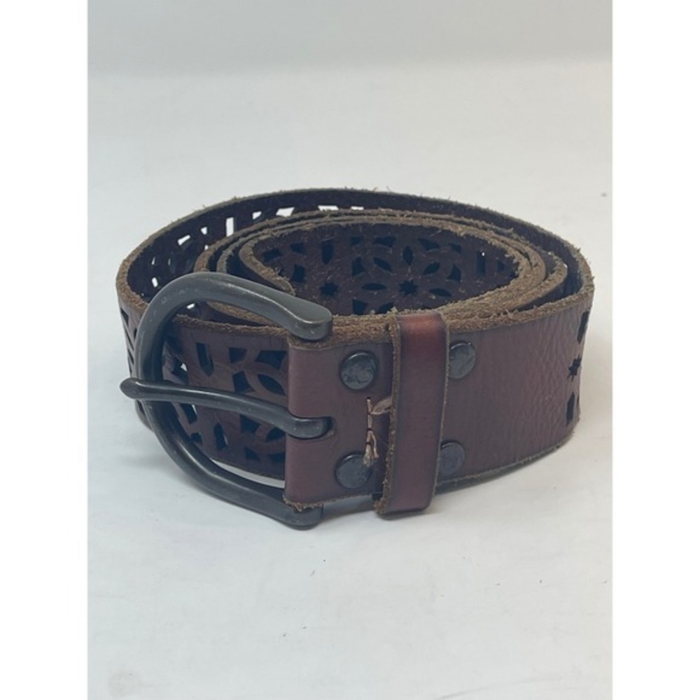 Lucky Brand Leather Belt Women's L Brown Laser Cut Floral Boho Wide - Picture 3 of 7